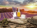 Lavender still life with cup of coffee against fields in Provence, France Royalty Free Stock Photo