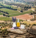 Lavender still life with cup of coffee against fields in Provence, France Royalty Free Stock Photo