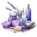 Lavender still life, lavender cosmetics, , lavender flowers, watercolor illustration