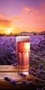 Lavender Sunrise: Fine Art Photography Of A Glass Of Beer In A Lavender Field Royalty Free Stock Photo