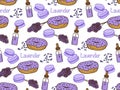 lavender sweets seamless pattern with donut, lavender branches, macaron, lavender essence Royalty Free Stock Photo