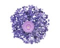 Lavender tea light candle surrounded by amethyst small tumbled chips