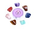Lavender tea light candle surrounded by set of seven healing chakra stones for crystal healing, Royalty Free Stock Photo