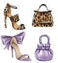 lavender and tiger texture shoes and bags Royalty Free Stock Photo