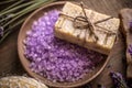 Lavender treatment soap and sea salt Royalty Free Stock Photo