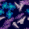 Lavender Tropical Palm. Navy Seamless Vintage. Purple Pattern Vintage. Violet Flower Painting. Blue Spring Background.