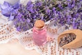 Lavender water in a bottle, a bouquet of fresh lavender on a table with lace
