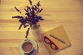 Lavender on wooden desk, top view of coffee, coronavirus Covid-19, work at home