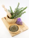 Lavender in wooden mortar