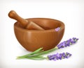 Lavender and wooden mortar