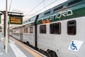 Trenord Locomotive on the platform at the Laveno Mombello railway Station in province of Varese, Italy