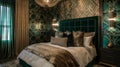 A lavish bedroom with a statement wall covered in a rich emerald green velvet featuring a large decostyle geometric Royalty Free Stock Photo