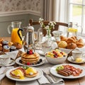 A lavish breakfast spread features a variety of items on a well-set table. Pancakes topped with Royalty Free Stock Photo