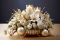 A lavish composition featuring gold ornaments, shimmering ribbons, and cascading strings of pearls, exuding opulence and