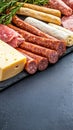 A lavish display of assorted sausages, meats, and salami complemented by fresh greens on a black background, perfect for