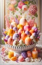 Lavish Easter Candle Arrangement in Floral and Egg Motifs. Celebration spring holiday Easter, Spring Equinox day, Ostara Sabbat Royalty Free Stock Photo