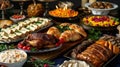 Lavish Feast with Assorted Dishes and Breads on Festive Table Royalty Free Stock Photo