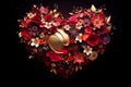 A lavish heart composed of diverse richly colored flowers and elegant golden details. Love concept