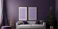 Lavish Living: Royal Purple and Silver Gray Accents in a Luxurious Living Room with Two Blank Frames and Champagne Gold Hues - Low Royalty Free Stock Photo