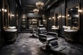 A lavish salon adorned in black and gold featuring a stunning chandelier, luxury mens hairdressers shop, AI Generated
