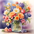 A lavish spring bouquet, brimming with delicate spring flowers, elegantly arranged in a vintage jar vase