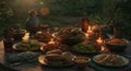 A Lavish Sunset Feast: An opulent outdoor dining scene at twilight, featuring a bountiful spread of delectable Middle Eastern Royalty Free Stock Photo