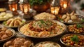 Lavishly set table with traditional Eid al-Fitr dishes. Biryani, Maamoul, sheer khurma. AI Generated