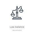 Law balance icon. Thin linear law balance outline icon isolated on white background from law and justice collection. Line vector Royalty Free Stock Photo