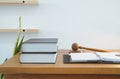 law book judge gavel & notebook at courtroom. lawyer attorney justice workplace Royalty Free Stock Photo