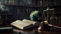 Justice and Law Concept Gavel, Scales, Globe, Open Book in Library Royalty Free Stock Photo