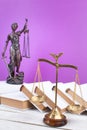 Law concept -Open law book, Judge\'s gavel, scales, Themis statue on table in a courtroom or law enforcement office. Royalty Free Stock Photo