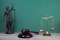 Law concept - Open law book, Judge\'s gavel, scales, Themis statue on table in a courtroom or law enforcement office Royalty Free Stock Photo
