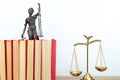 Law concept - Open law book, Judge's gavel, scales, Themis statue on table in a courtroom or law enforcement office Royalty Free Stock Photo