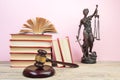 Law concept - Open law book, Judge's gavel, scales, Themis statue on table in a courtroom or law enforcement office Royalty Free Stock Photo