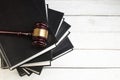 Law concept - Open law book with a wooden judges gavel on table in a courtroom or law enforcement office isolated on white Royalty Free Stock Photo