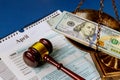 Law concept scales of justice criminal liability for non-payment of taxes of one hundred dollars bill form 1040 on U.S. Individual Royalty Free Stock Photo