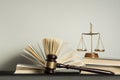 Law concept. Wooden judge gavel,scales of justice and books on table in a courtroom or enforcement office. Royalty Free Stock Photo