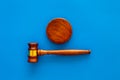 Law and court. Lawyer, attorney, judge concept. Judge gavel on blue background top view copy space Royalty Free Stock Photo