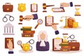 Law Elements Set. Legal Tools Including Books, Scales Of Justice, Gavel, Handcuffs, Judge, Glass, Sandclock And Document
