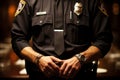 Law enforcement officer in uniform with badge and handcuffs on duty belt Royalty Free Stock Photo