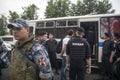 Law enforcement officers detain participant during rally. Police and hundreds of demonstrators faced off in central Moscow during Royalty Free Stock Photo