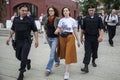 Law enforcement officers detain participant during rally. Police and hundreds of demonstrators faced off in central Moscow during Royalty Free Stock Photo