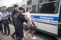 Law enforcement officers detain participant during rally. Police and hundreds of demonstrators faced off in central Moscow during Royalty Free Stock Photo