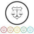 Law firm justice scale logo. Set icons in color circle buttons