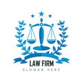 Law firm logo template with Themis scales, banner for inscription, bay leaves and stars.