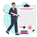 Law firm male worker. Legal service, litigation support and consultation, law and judgment research flat vector illustration on