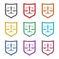 Law firm and shield Icon. Scales Of Justice design sign, color set