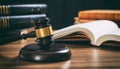 Judge gavel on a wooden desk, law books background Royalty Free Stock Photo