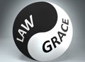 Law and grace in balance - pictured as words Law, grace and yin yang symbol, to show harmony between Law and grace, 3d
