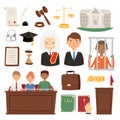 Law judge process legal court icon set judgement justice system people lawer jury and criminal concept vector Royalty Free Stock Photo